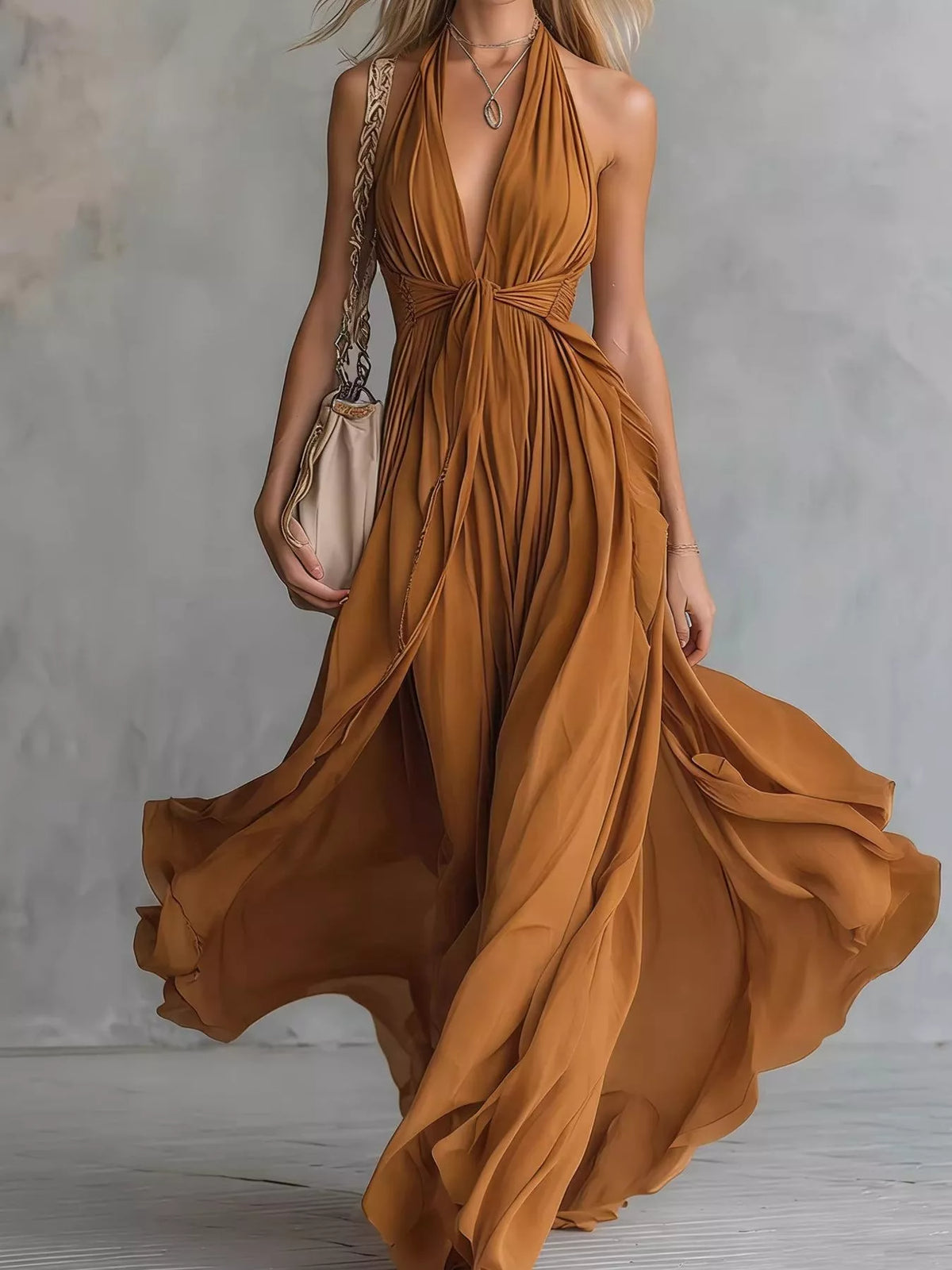 Bronze crisscross back ruched halter stretch maxi dress with gathered, flowing tier skirt
