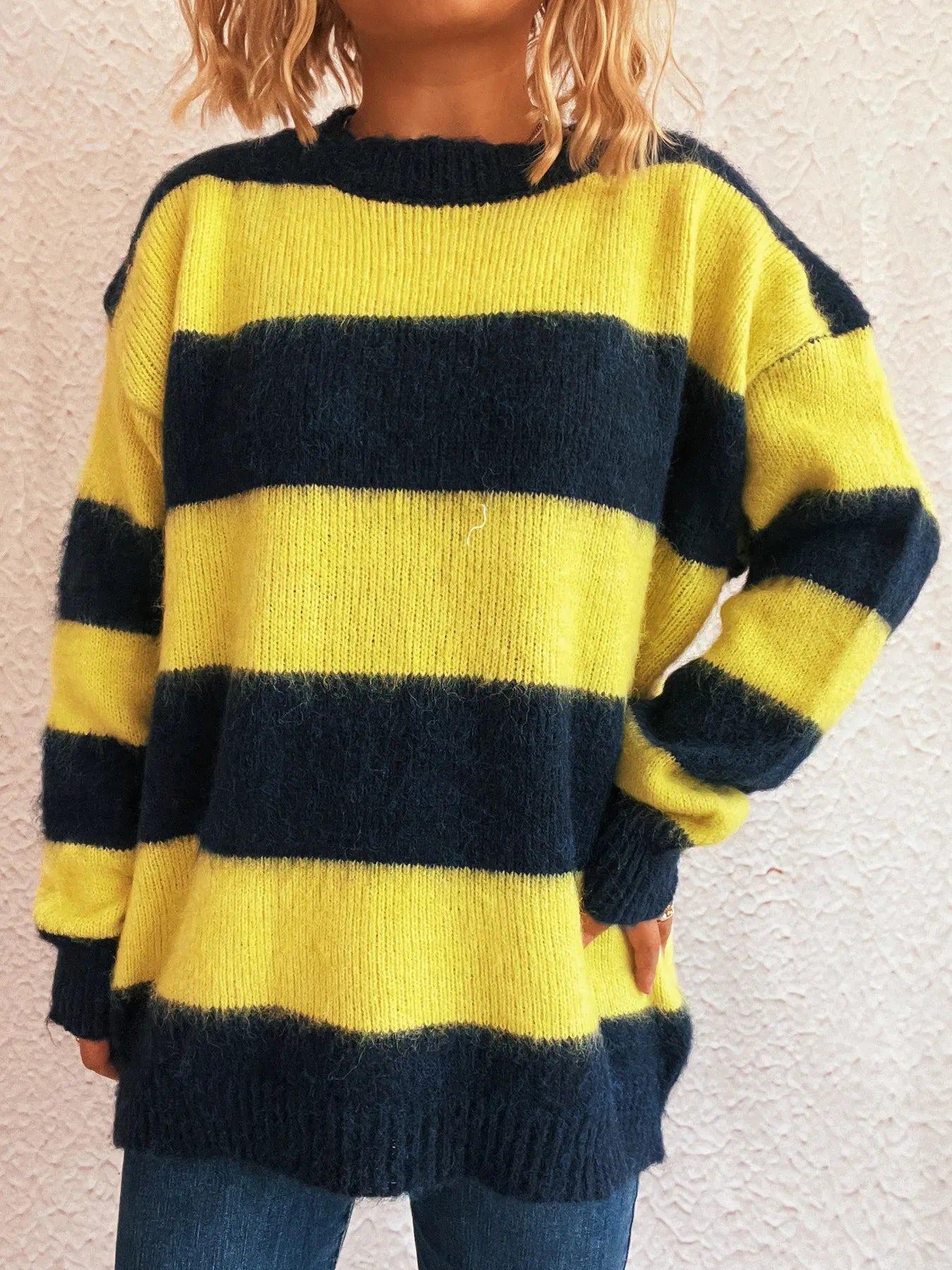 Yellow and navy striped long-sleeve sweater with crew neck, ribbed cuffs