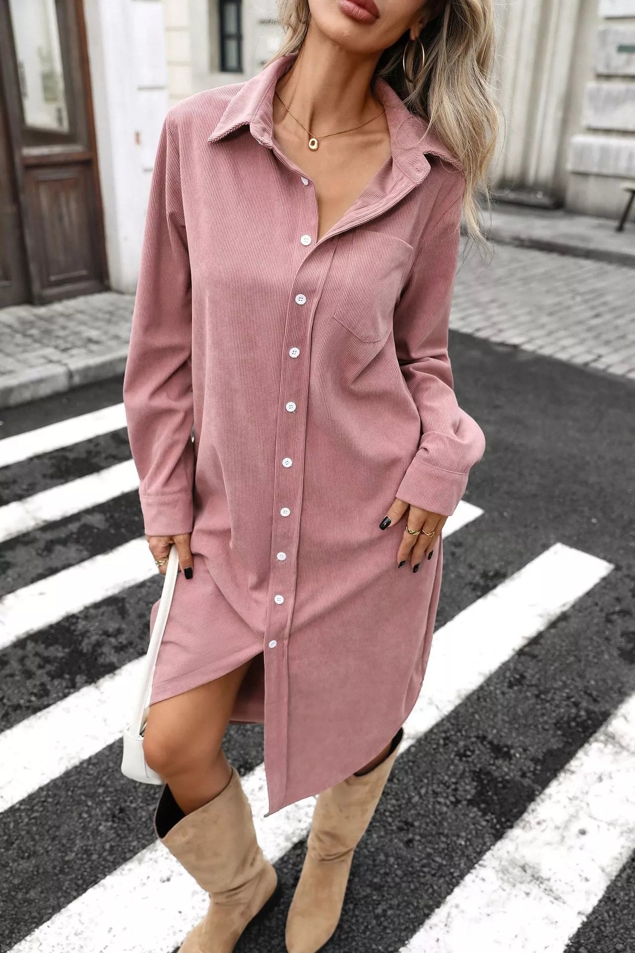 Dusty pink long-sleeve corduroy shirt dress with front buttons and front slit