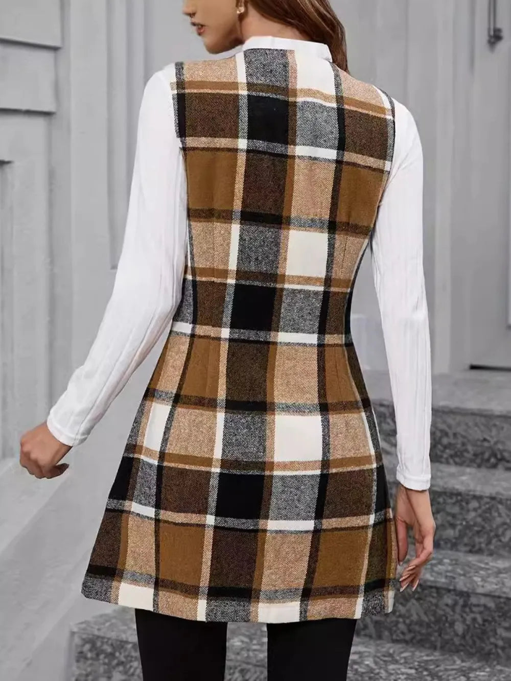 Plaid V-neck sleeveless vest coat, camel, black, and cream check