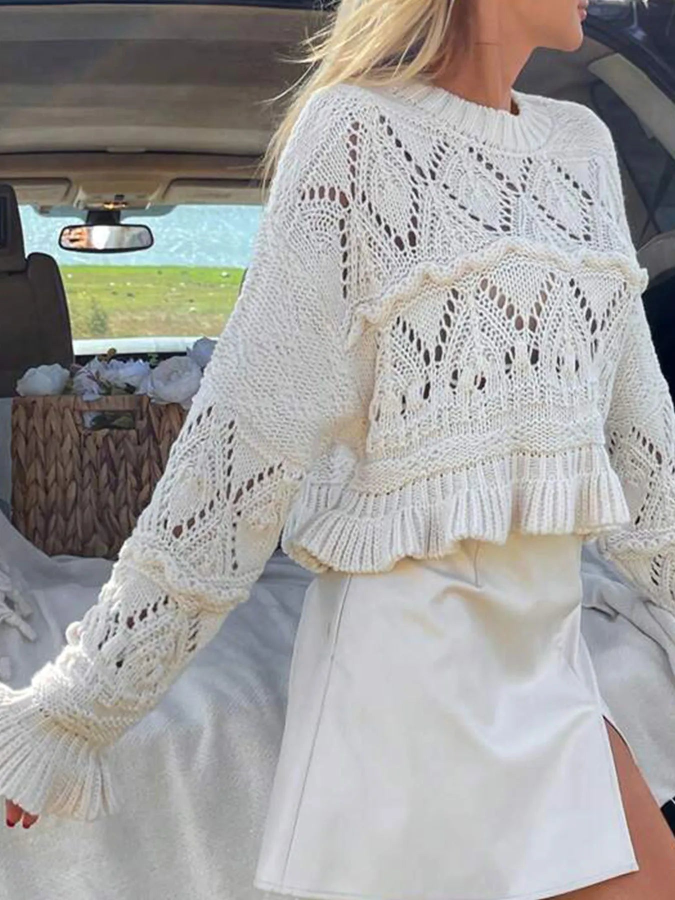 White crochet long sleeve sweater with ruffled hem and diamond openwork knit