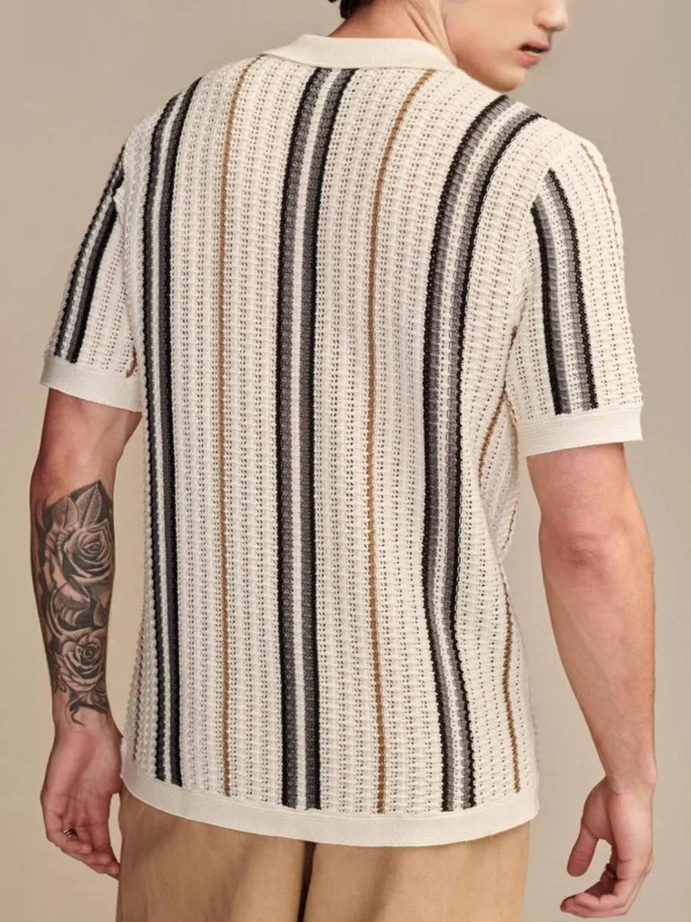 Beige striped short-sleeve shirt, back view