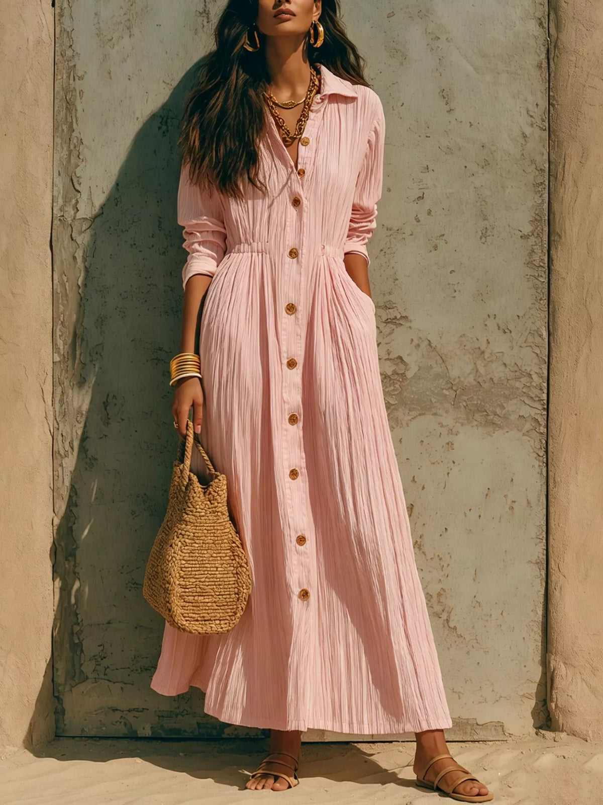 Textured button-front long-sleeve maxi dress in light pink, gathered waist and gold buttons