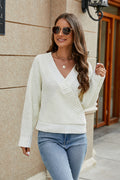 White openwork surplice long-sleeve sweater with V-neck and ribbed cuffs