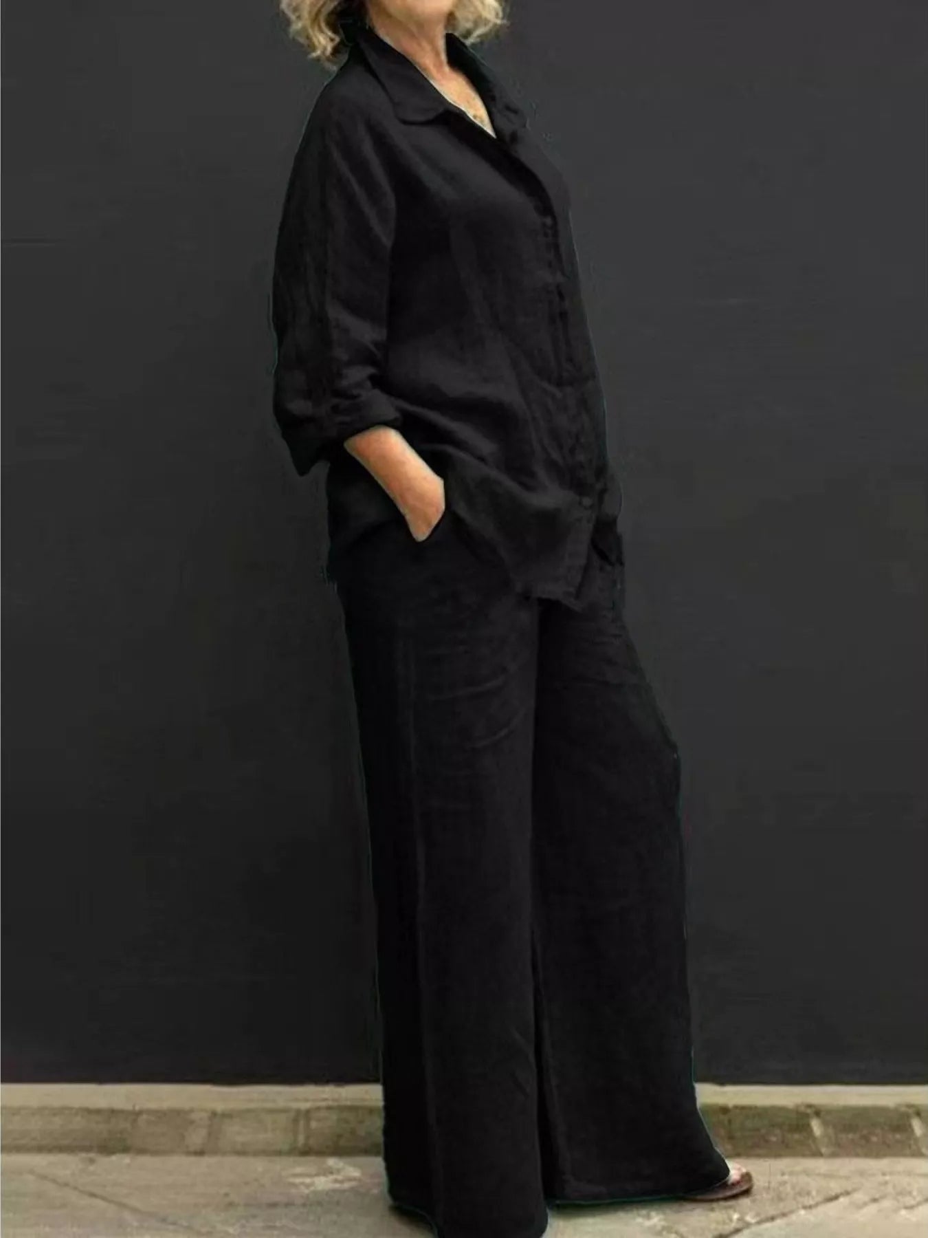 Long-sleeve shirt and pants set in black, button-front shirt with wide-leg pants