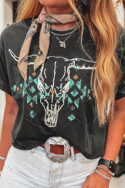 Dark gray crew-neck short-sleeve T-shirt with bull skull front graphic