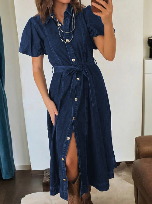 Navy denim button-down midi dress with tied waist and puff sleeves