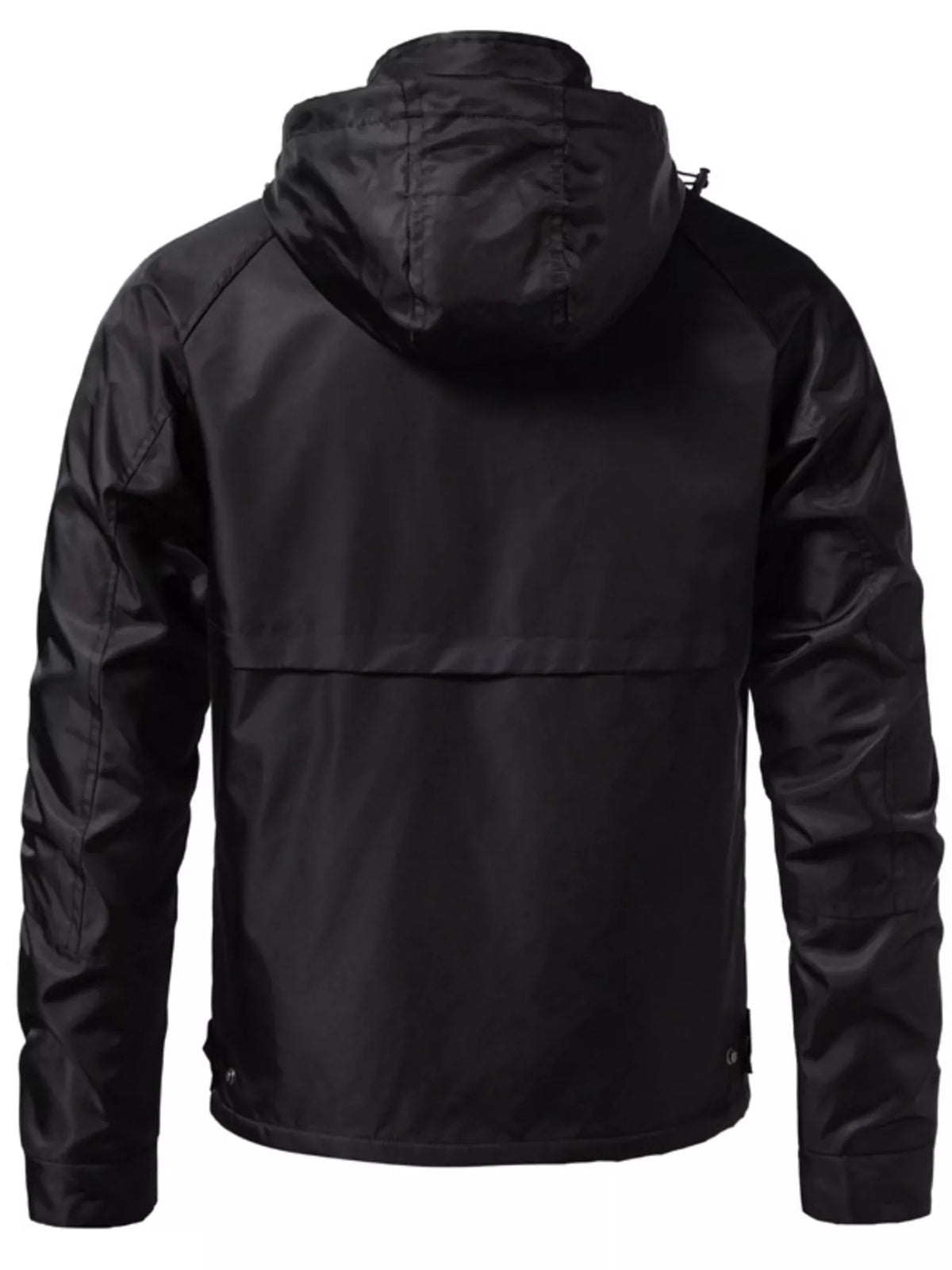Men's black hooded waterproof tactical jacket, back view with hood