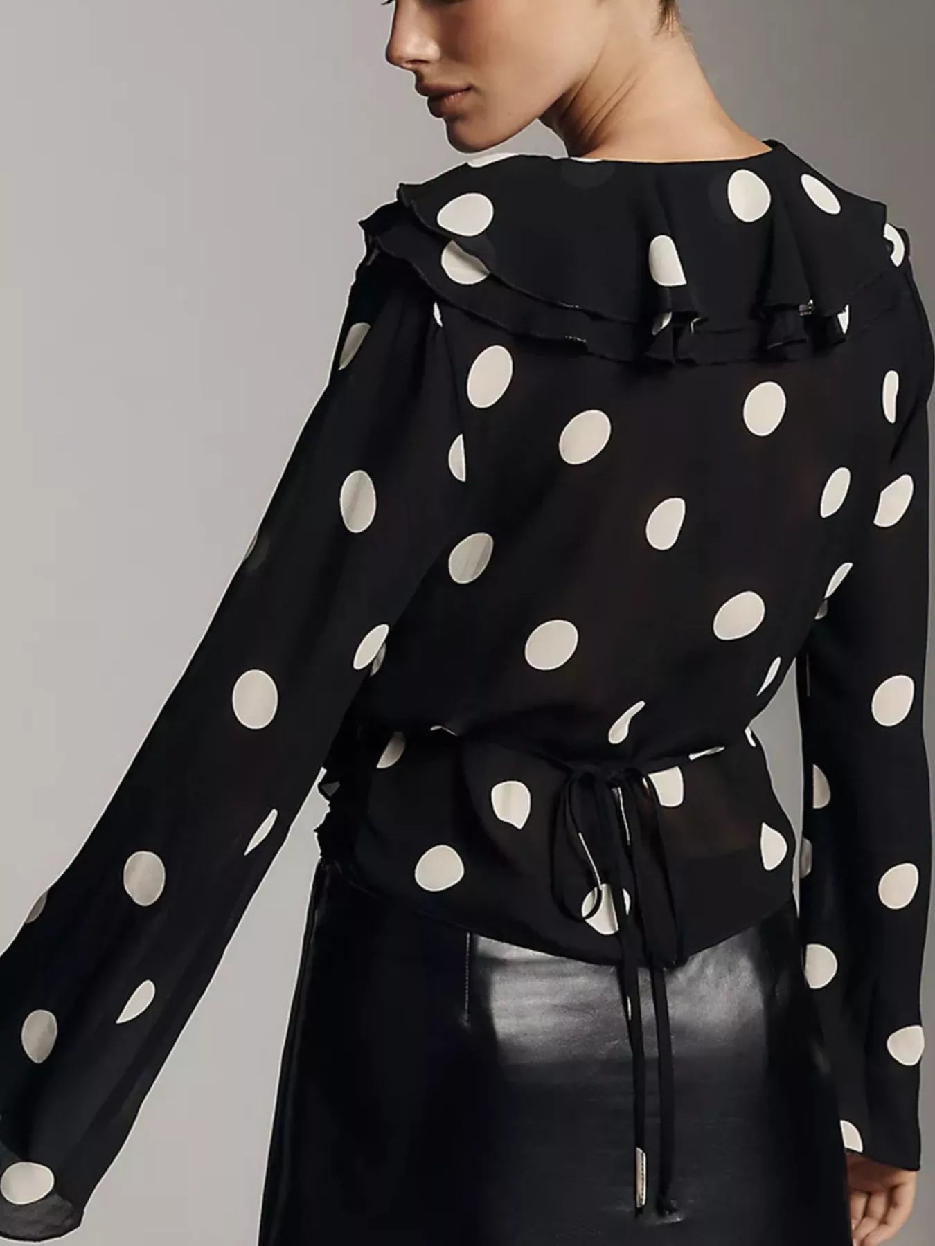 Polka Dot Ruffle V-Neck Blouse, sheer black with white polka dots, ruffle neckline and waist tie, long sleeves