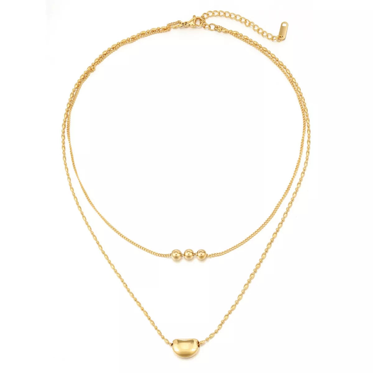 Gold double-layer necklace featuring a heart pendant and a three-bead accent at the center.