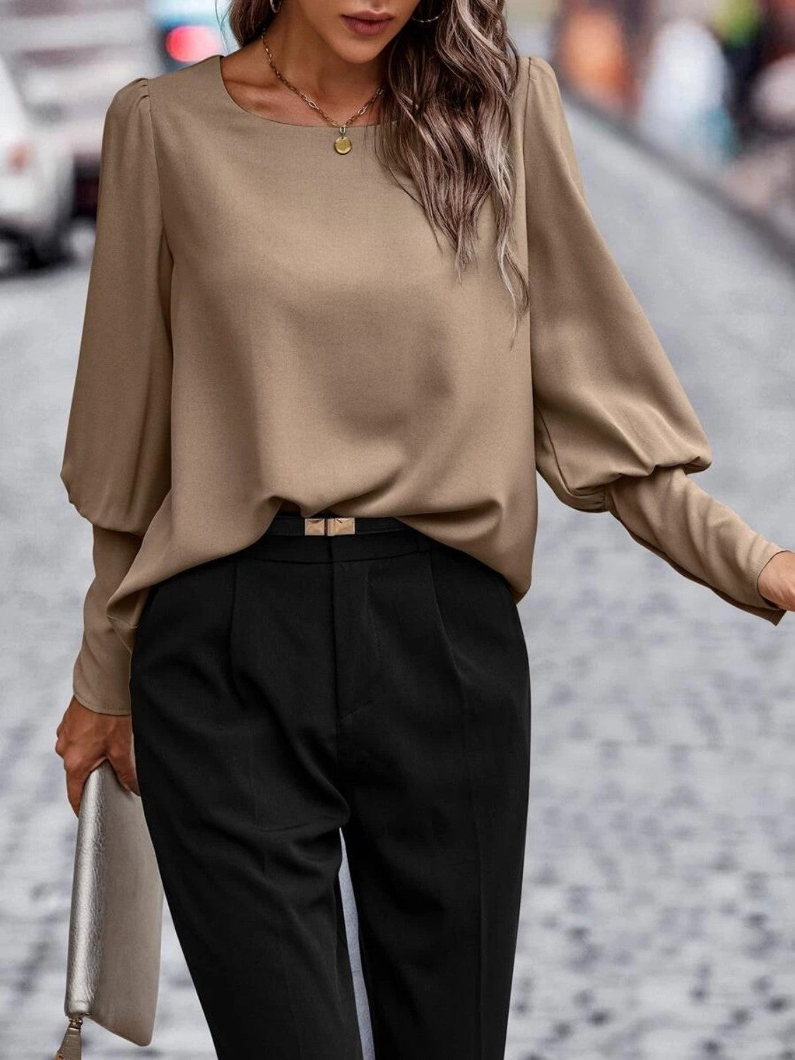 Taupe lantern-sleeve blouse with round neck and button-front top