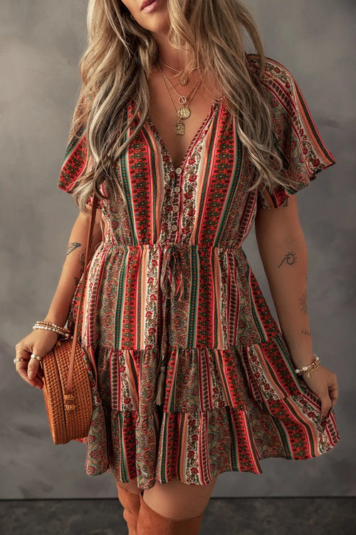 Floral tiered V-neck dress with gathered waist and short ruffle sleeves