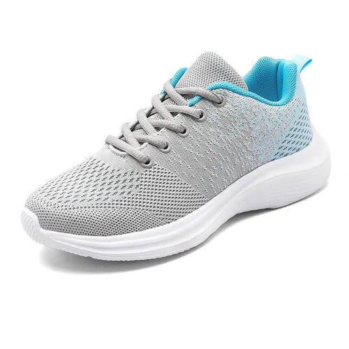 Light gray breathable mesh athletic sneaker with round toe, lace-up, cushioned sole