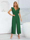 Surplice ruffle cap-sleeve jumpsuit in green, V-neck, gathered waist, wide legs.