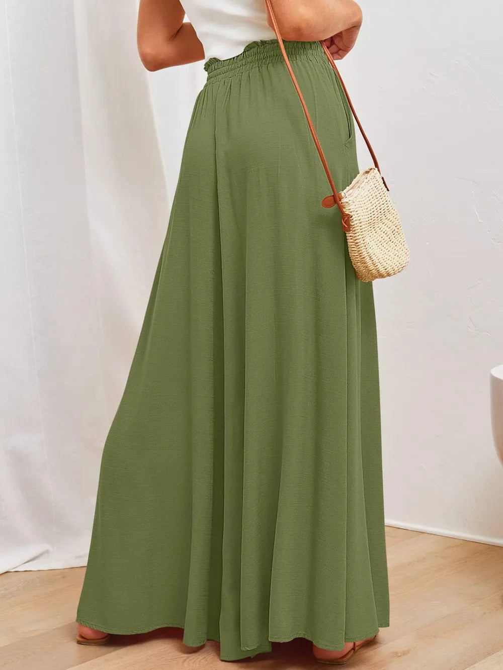 Olive-green wide-leg pants with elastic drawstring waist and side pockets