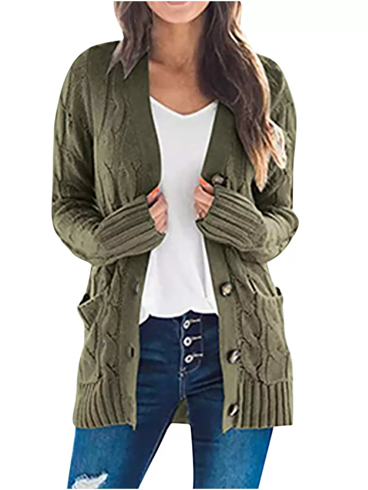 Army green chunky cable-knit cardigan with button front and textured knit pattern