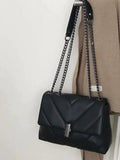 Quilted chain-strap shoulder bag, medium, black PU with silver-tone hardware
