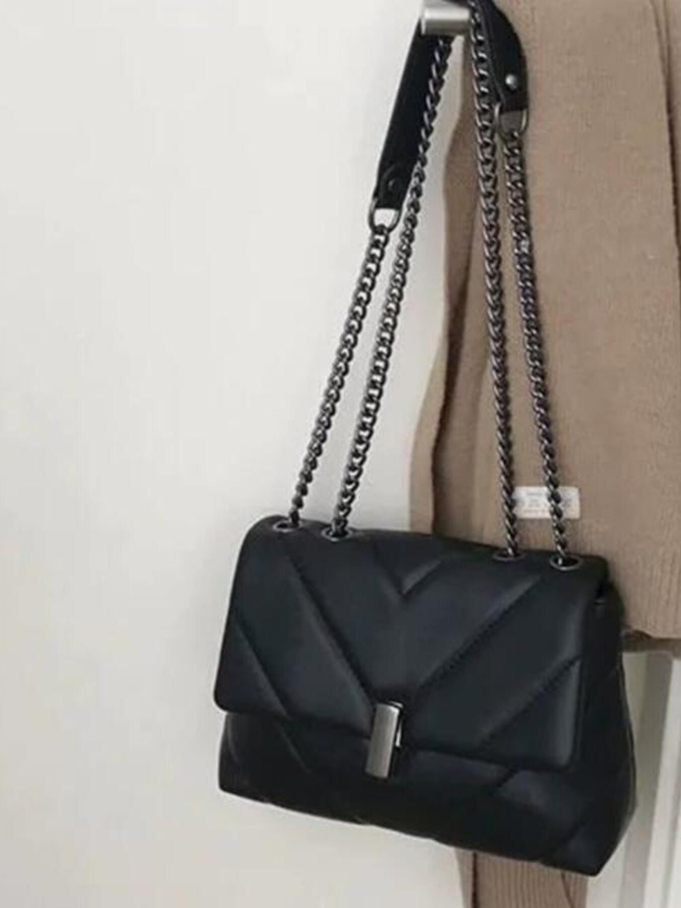 Quilted chain-strap shoulder bag, medium, black PU with silver-tone hardware