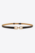 Tan and dark-brown slim belt with gold-tone square buckle