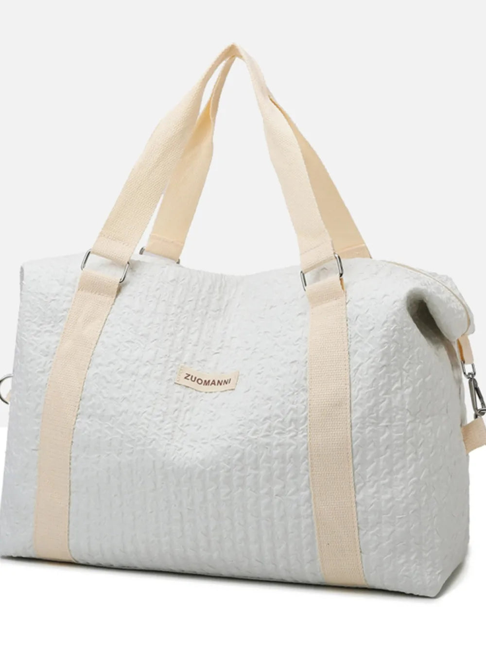 Textured large duffle travel bag with two top handles, light gray with tan straps