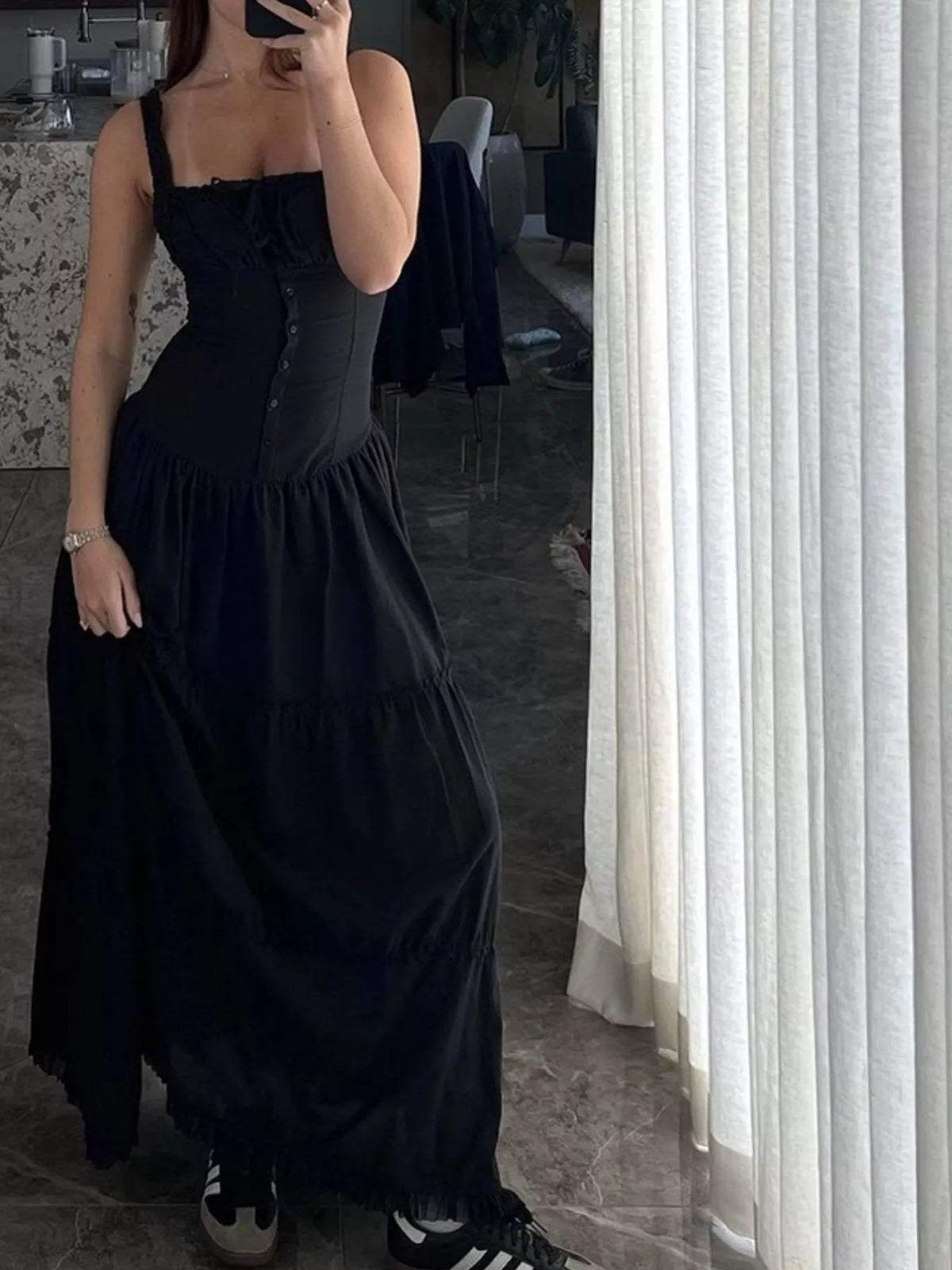 Black square-neck tiered maxi dress in a mirror selfie; button front and tiered skirt