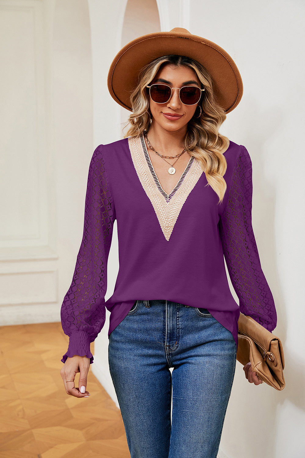 Purple contrast V-neck long-sleeve blouse with eyelet-pattern sleeves