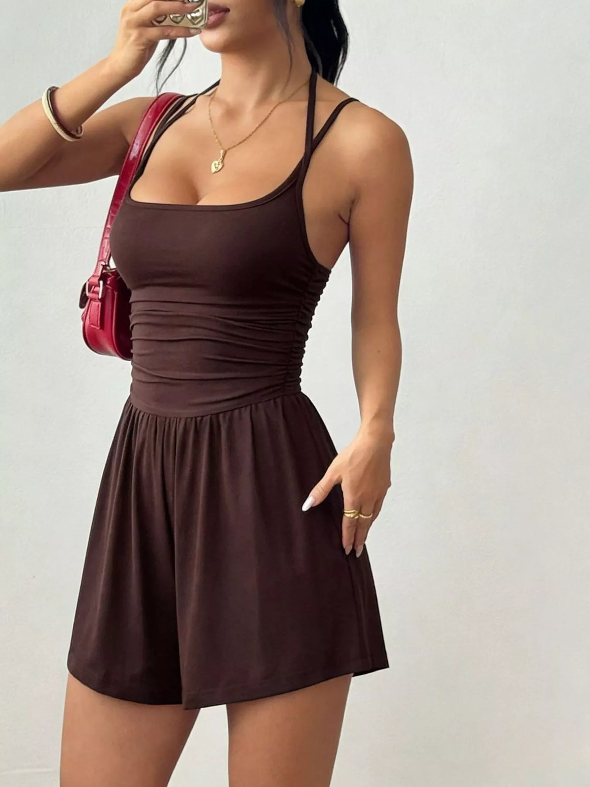 Coffee brown sleeveless ruched spaghetti strap romper with gathered waist and shorts