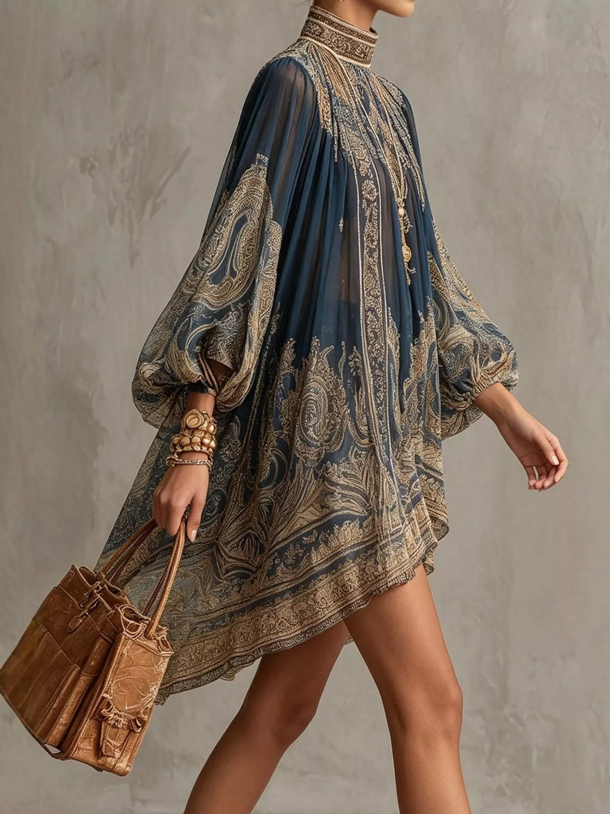 Navy embroidered chiffon high-low dress with puff sleeves and paisley border details