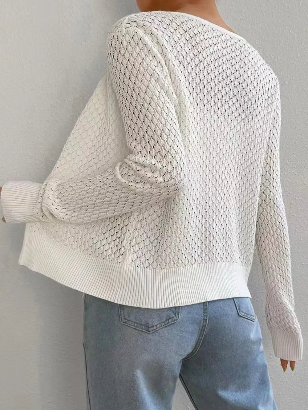 White openwork knit long sleeve cardigan, ribbed cuffs and hem