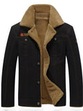 Men's button-up fleece-lined jacket, black with tan sherpa lining and chest patch