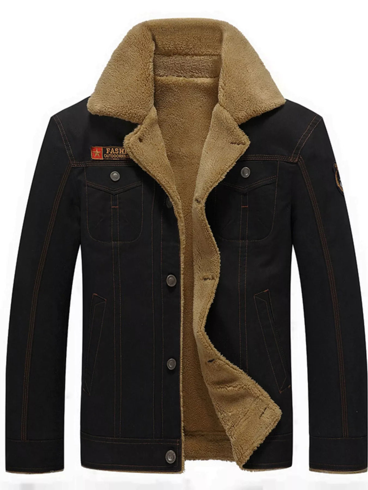 Men's button-up fleece-lined jacket, black with tan sherpa lining and chest patch