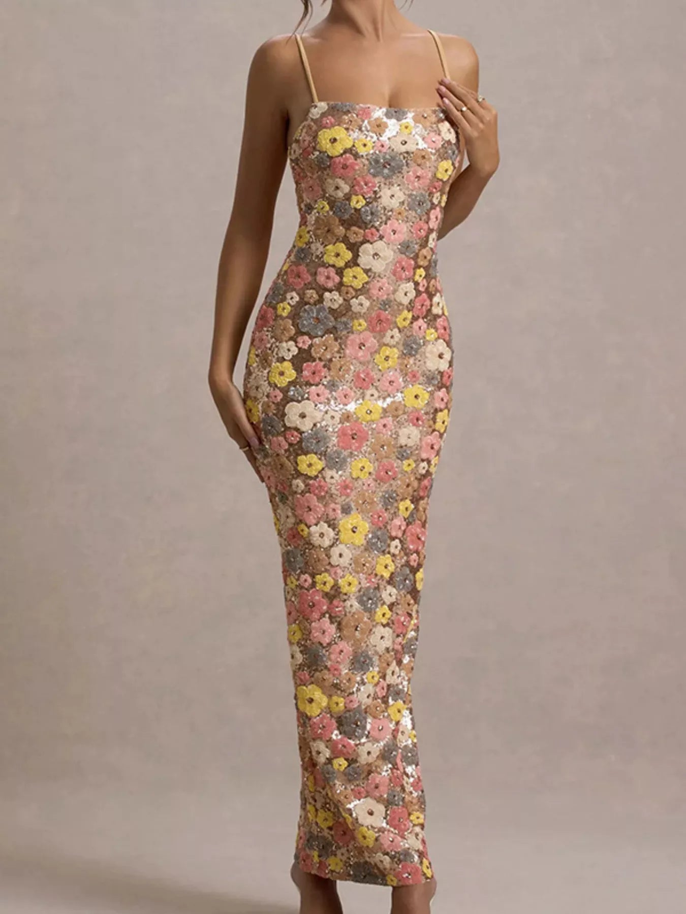 Cedar & Moore Floral sequin embellished bodycon maxi dress by Trendsi with spaghetti straps and multicolor blossoms