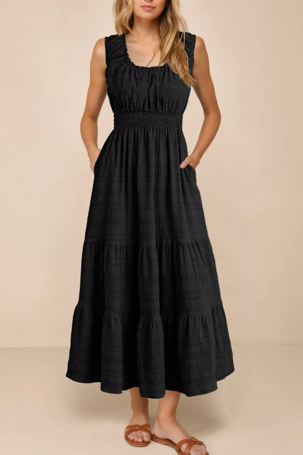 Cedar & Moore Sleeveless Smocked Tiered Maxi Dress with Pockets in black, Trendsi