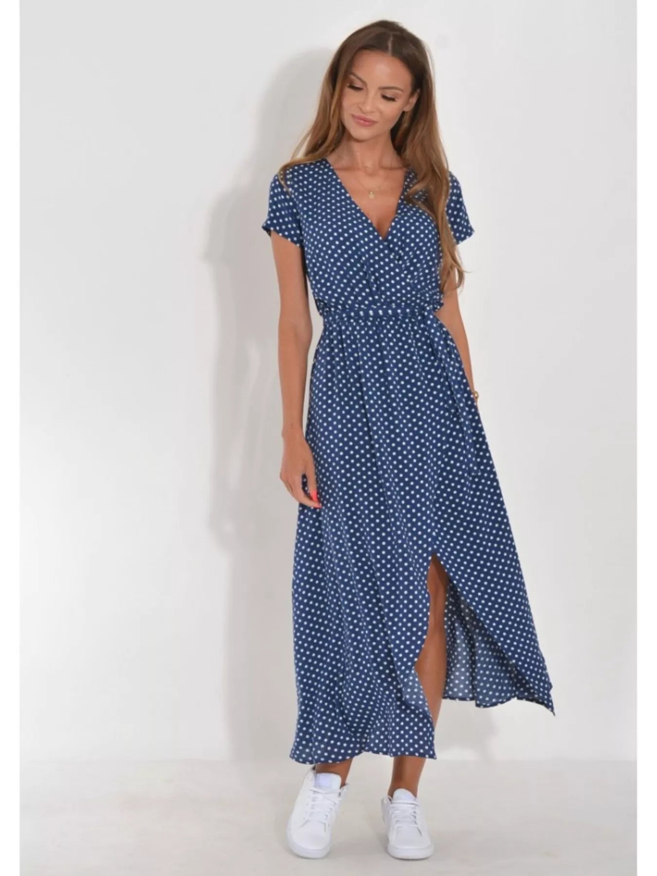 Surplice midi dress, short sleeves, navy with small white dot print and side slit