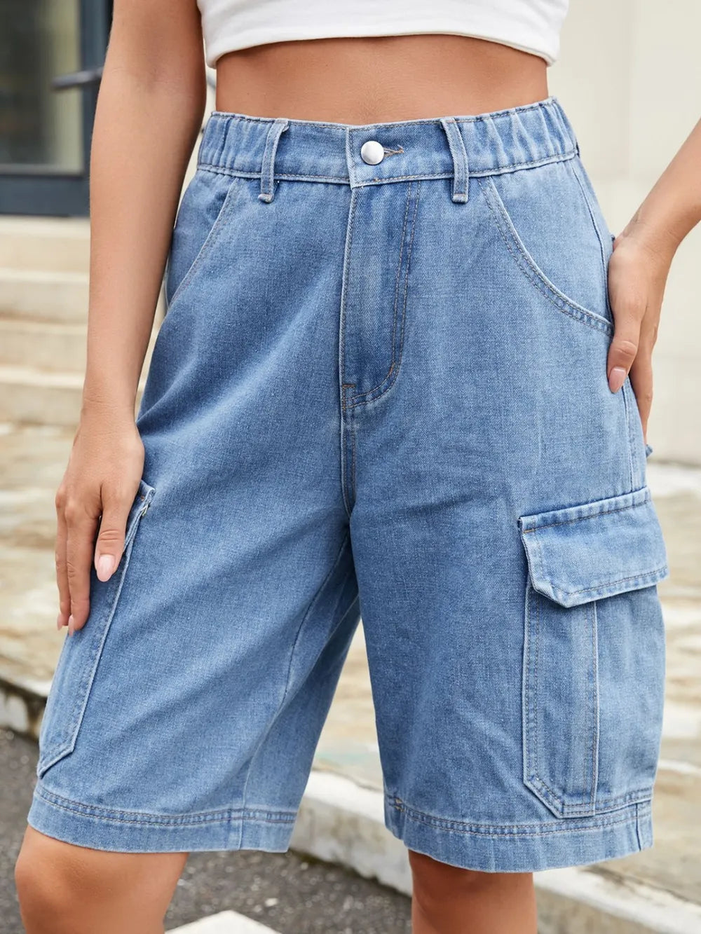 High waist denim shorts, medium blue, button waistband and cargo pocket detail