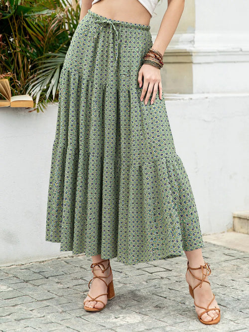 Matcha green boho tiered maxi skirt with allover small print and elastic waistband