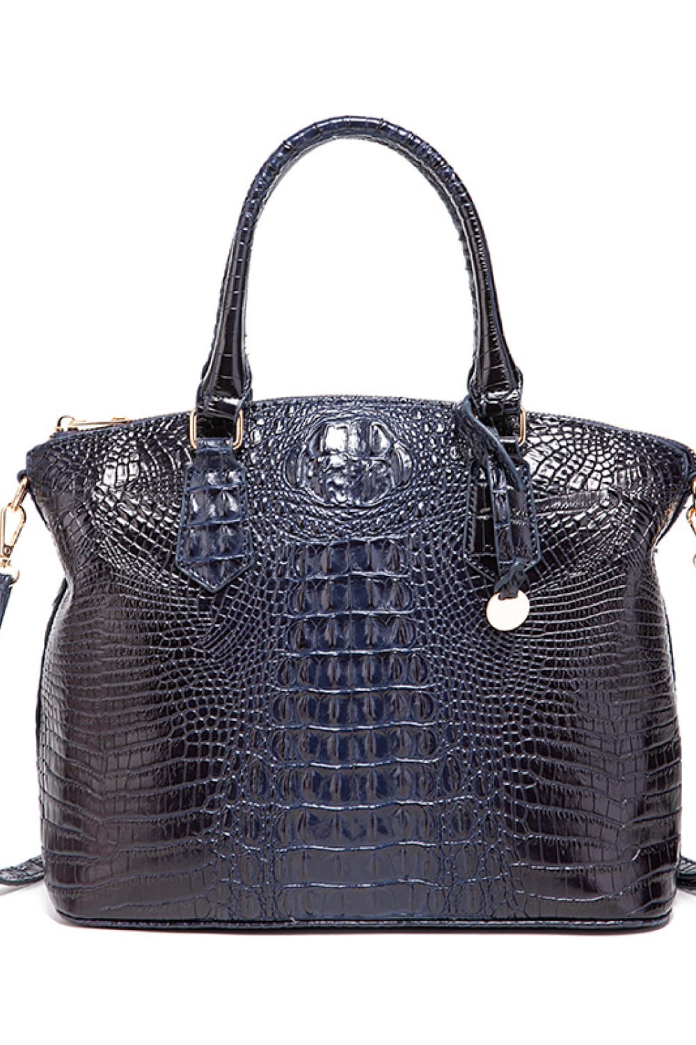 Vegan leather handbag in dark blue with top handles and embossed crocodile texture