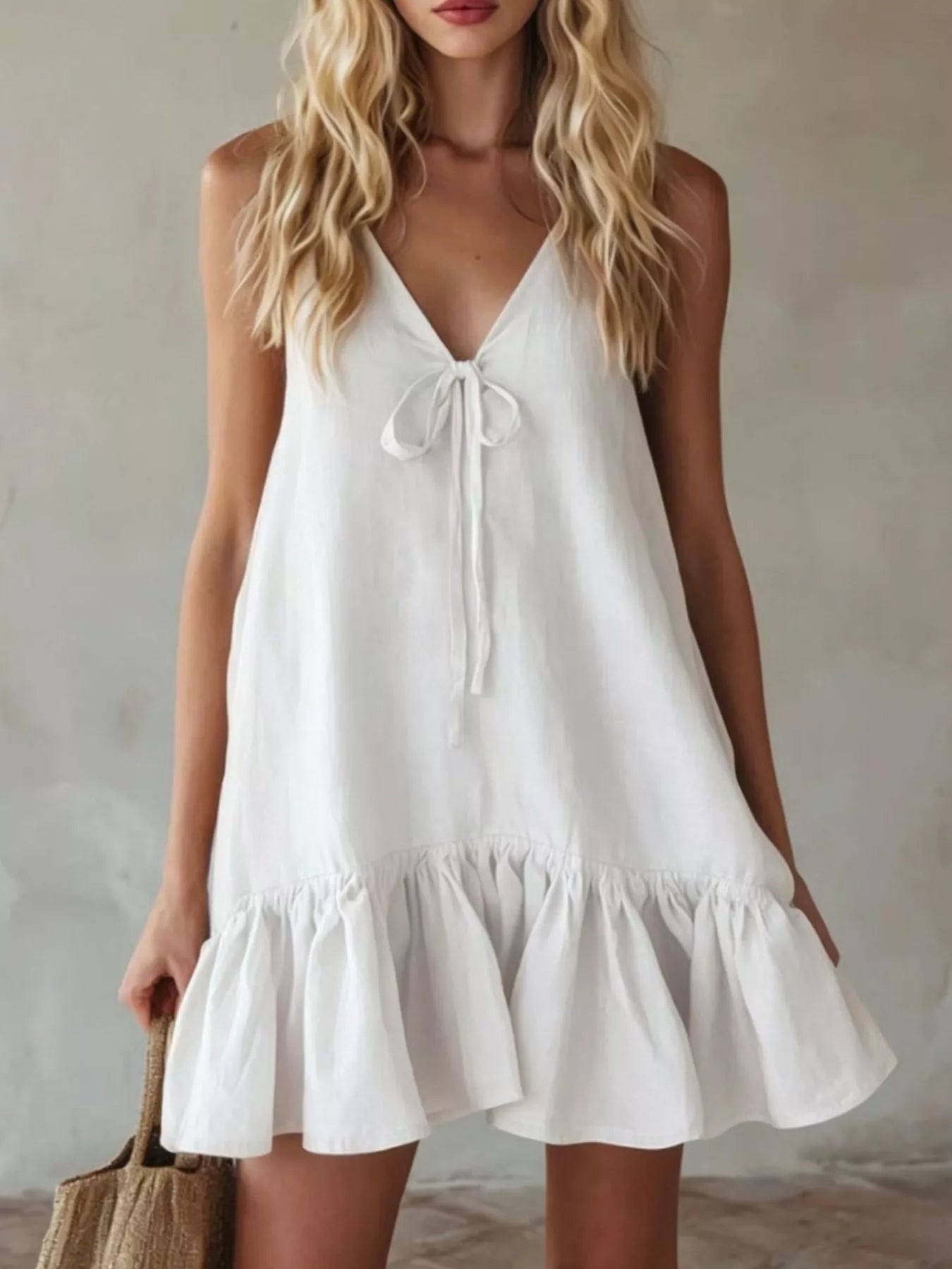 White V-neck tie-front mini dress with sleeveless ruffle hem