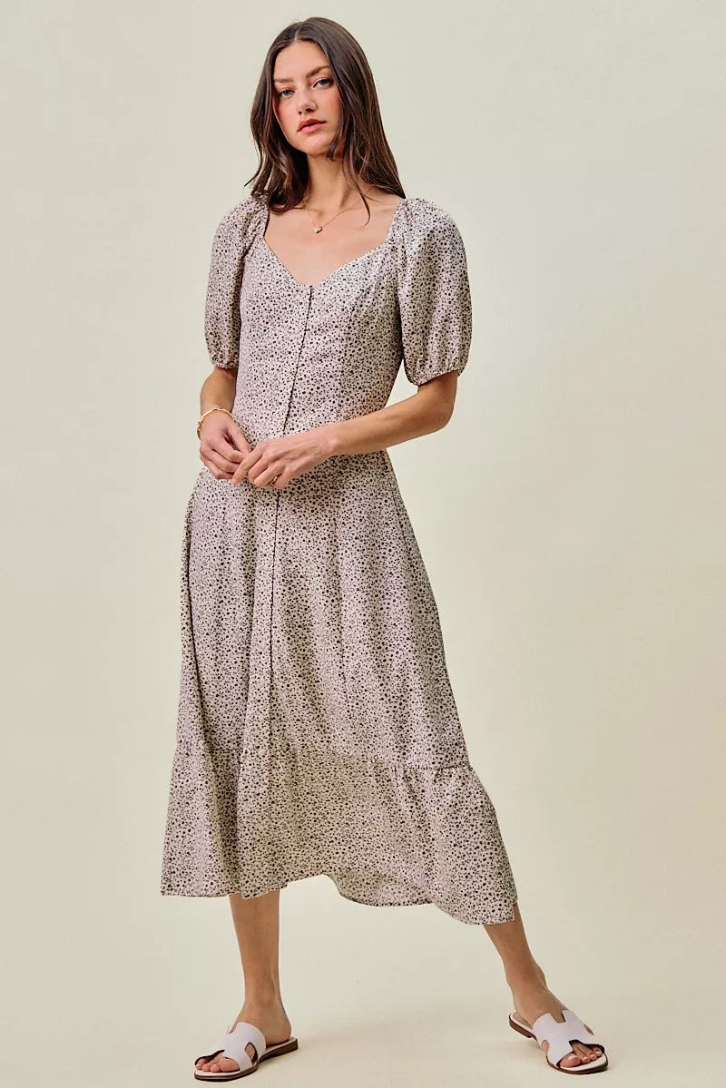 Ditsy floral maxi dress with elastic waist, self belt, short puff sleeves, V-neck