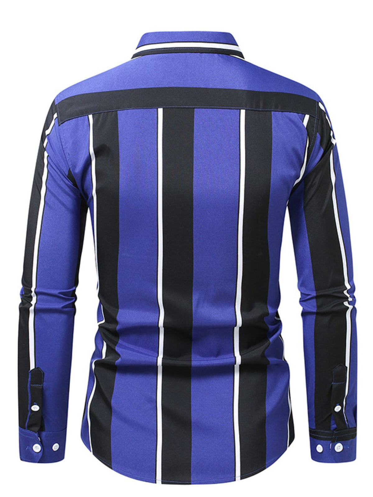 Men's slim fit striped button-up cotton shirt, blue with black and white vertical stripes