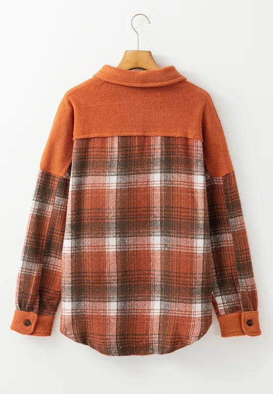 Plaid button-up long sleeve jacket back view with rust orange top yoke and dark button cuffs