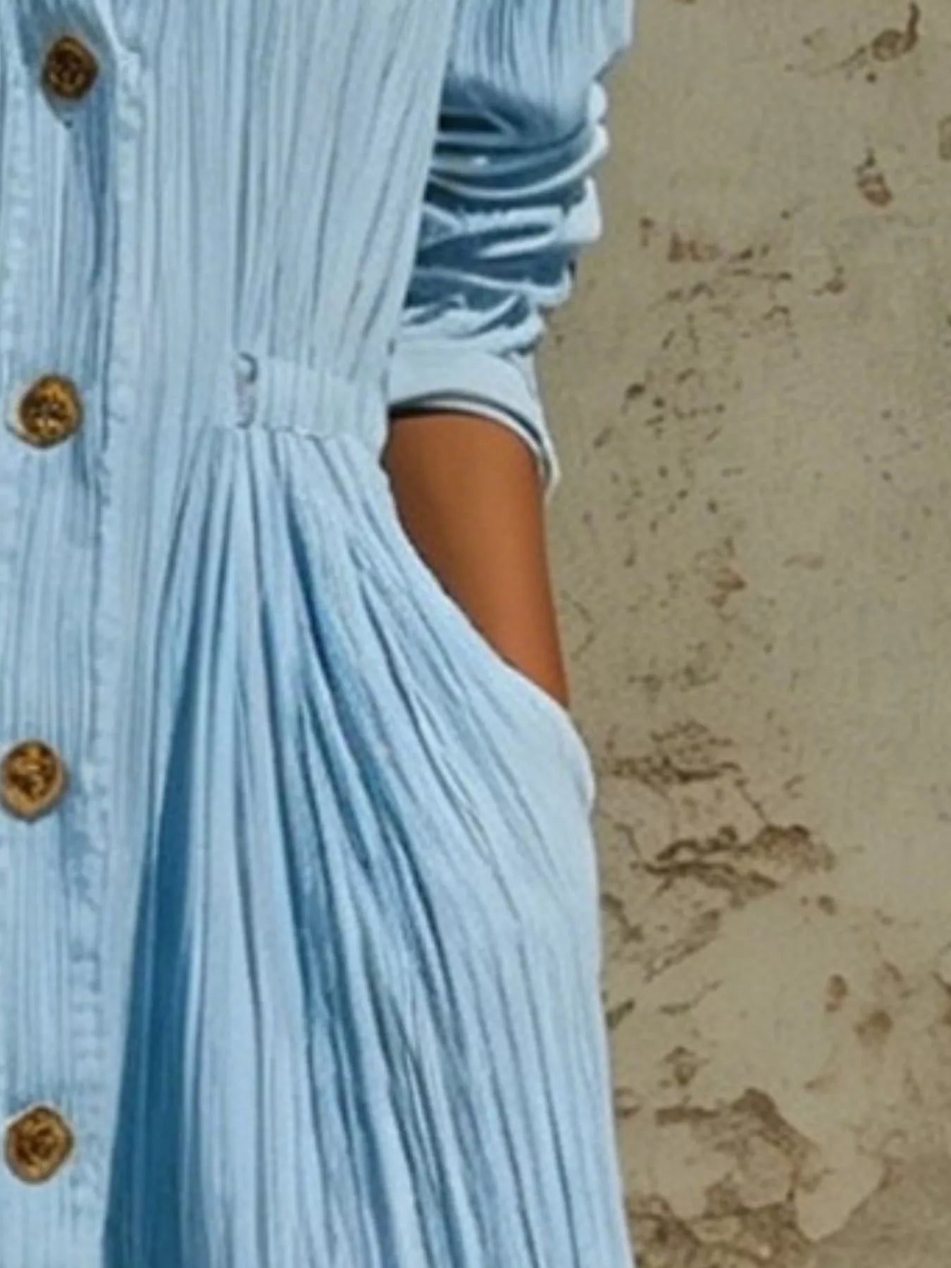 Sky blue textured button-front maxi dress detail with gathered waist and gold buttons