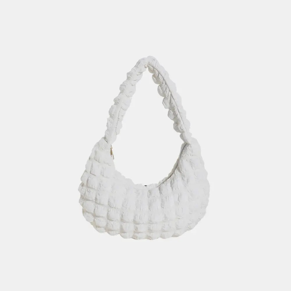White textured small hobo handbag with braided shoulder strap