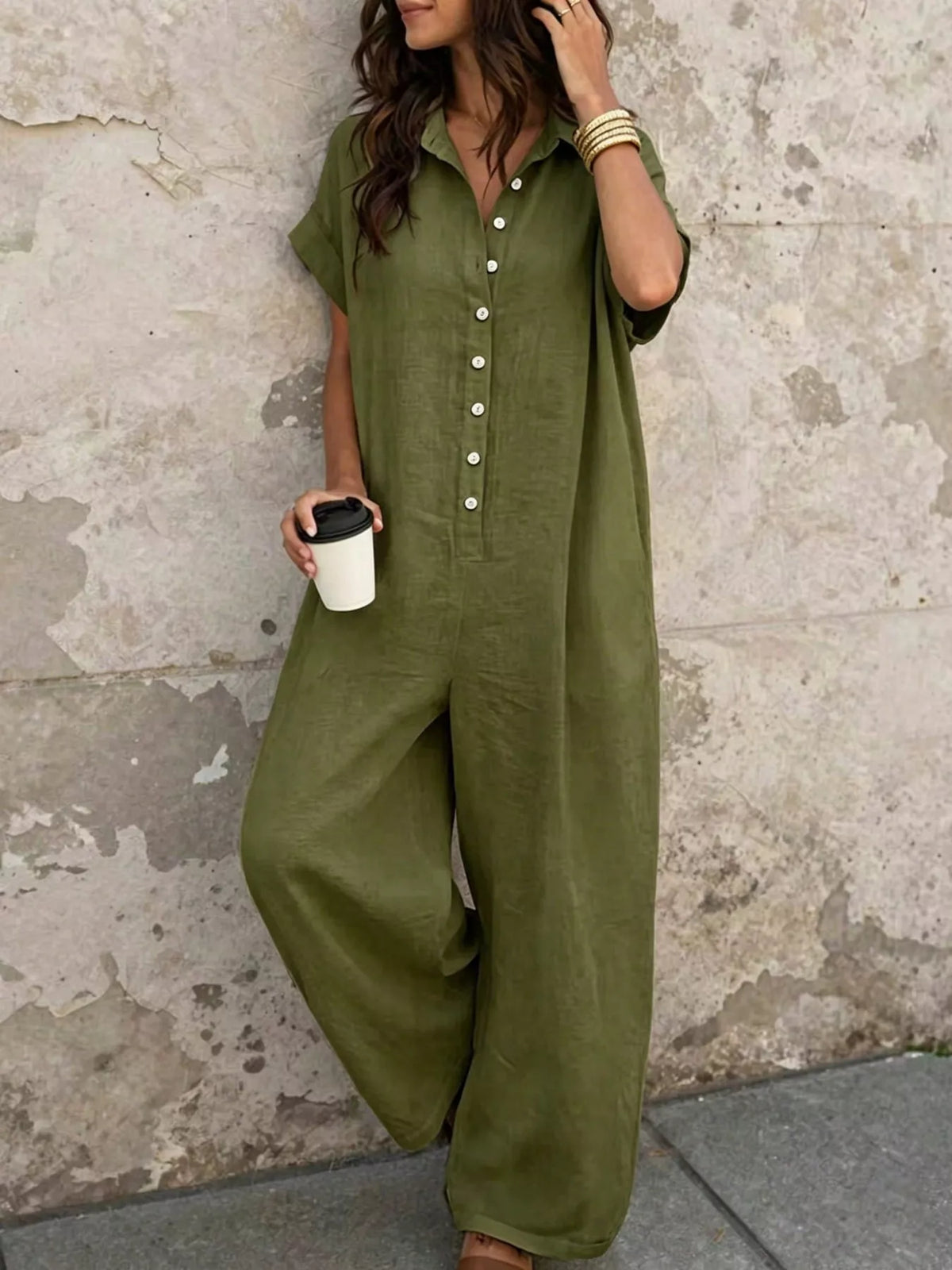 Olive green button-front short-sleeve jumpsuit, V-neck with front buttons