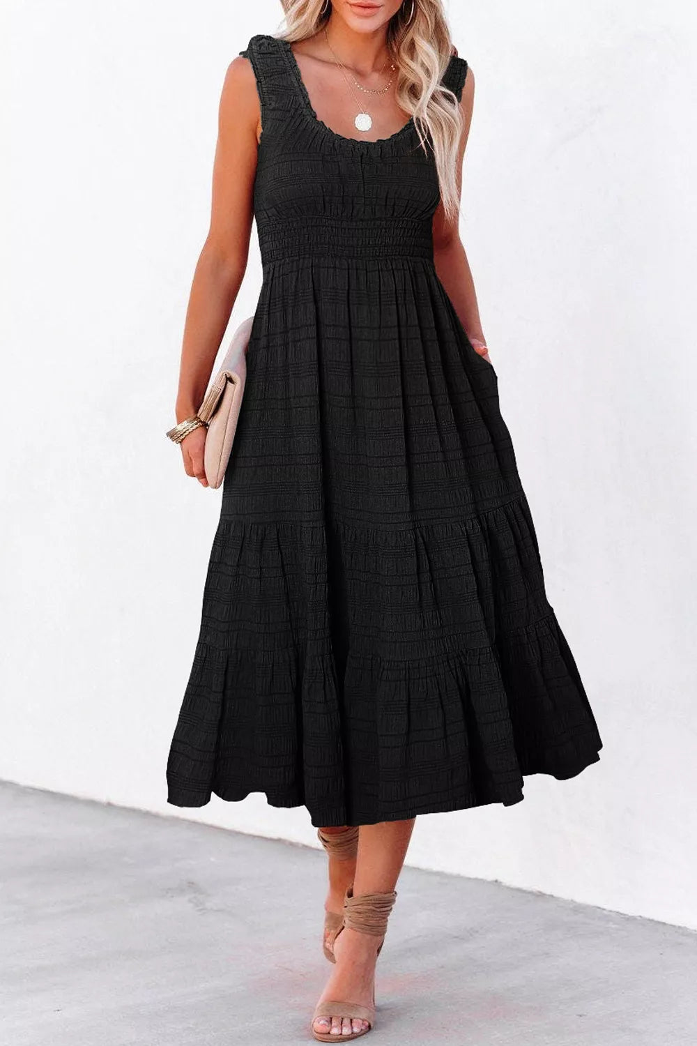 Cedar & Moore Sleeveless Smocked Tiered Dress with Pockets in black