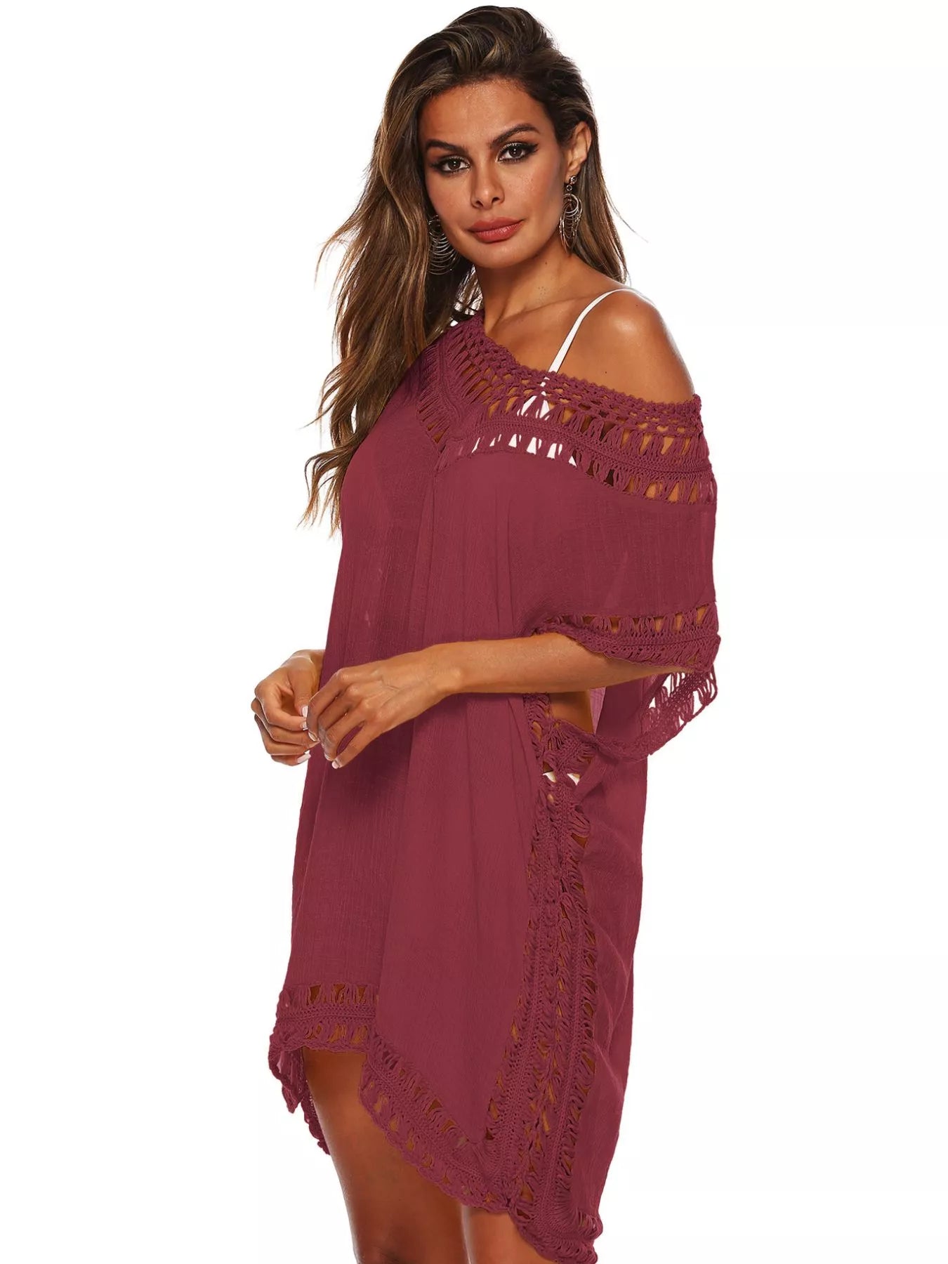 Burgundy crochet-trim V-neck cover-up dress with off-shoulder lace trim
