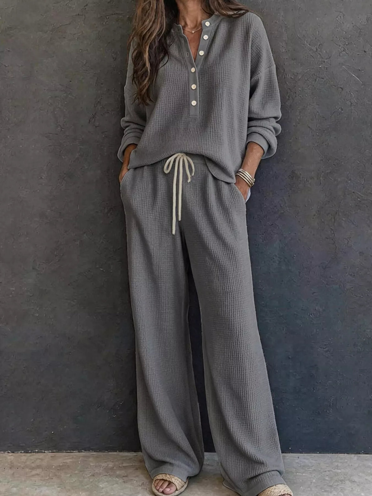 Waffle knit lounge set in dark gray: henley pullover with button placket and wide-leg pants