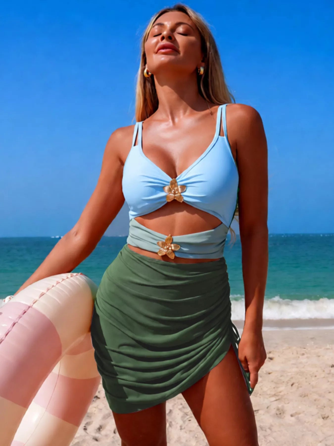 Color Block Cutout One-Piece Swimsuit light blue with front twist detail