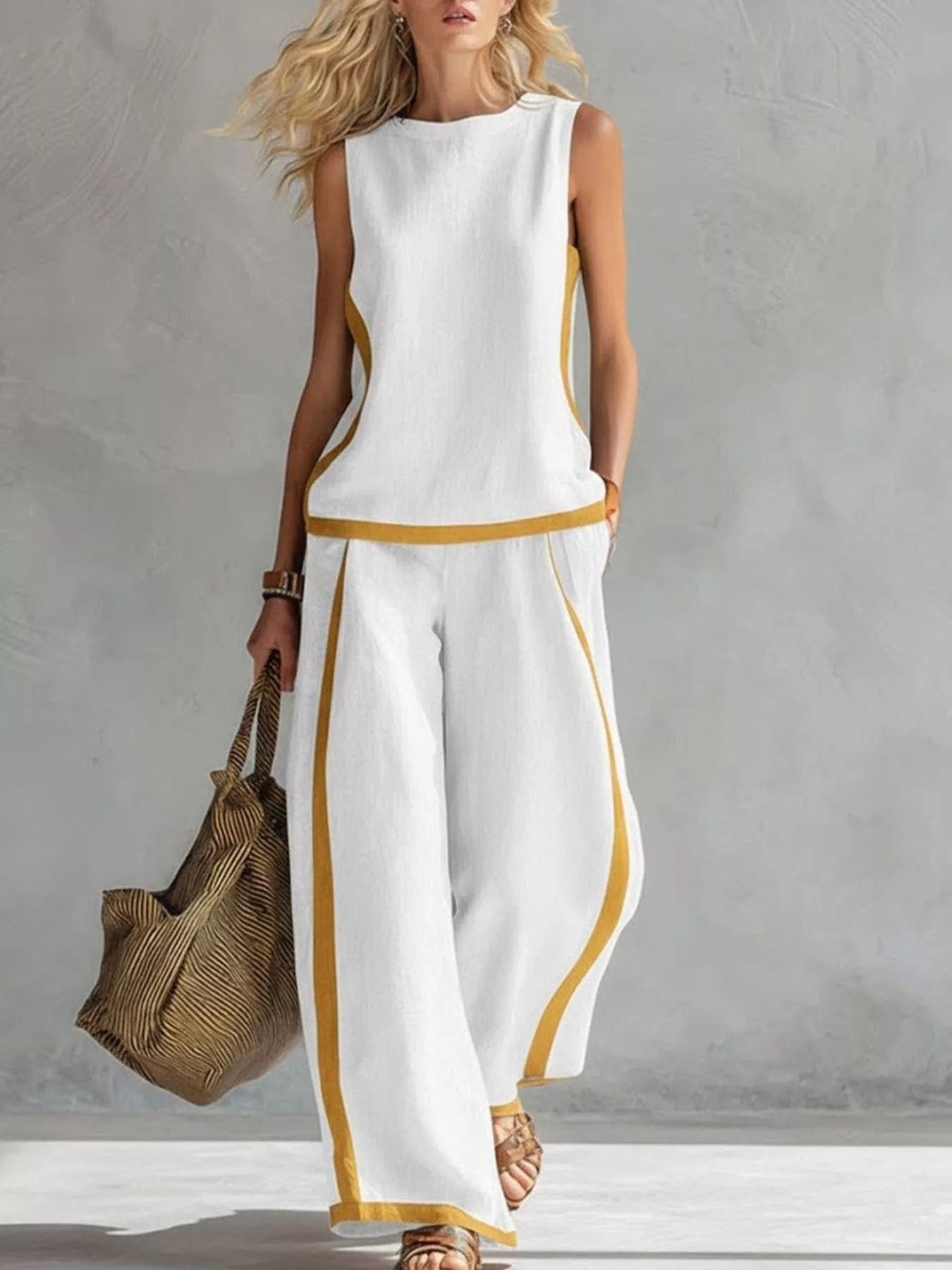 Sleeveless tank top and wide-leg pants set, white with yellow trim