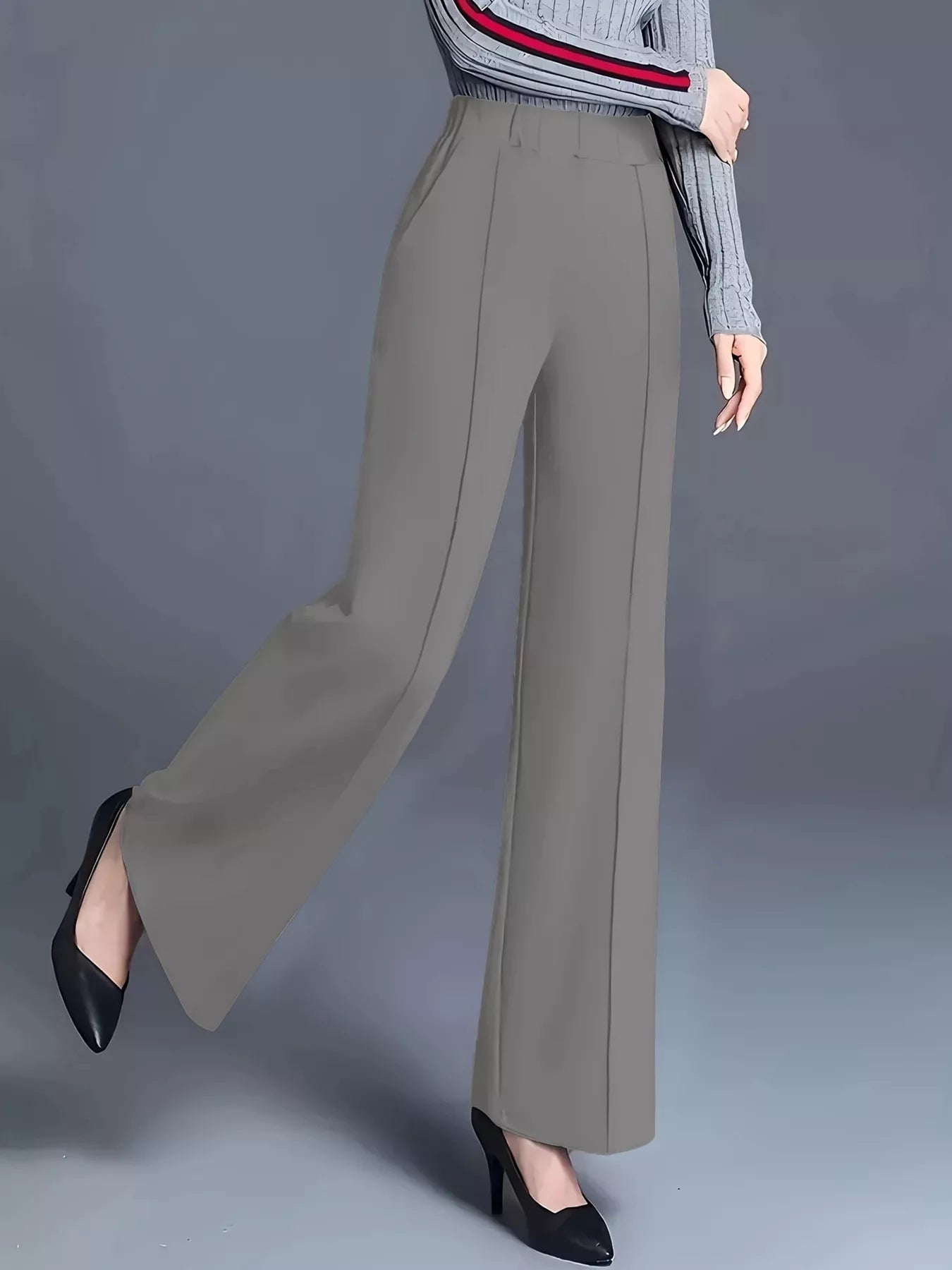Wide-leg pants with high waist in olive-gray, smooth front and wide straight silhouette